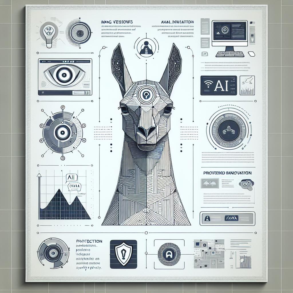 Illustrate a 2D, linear perspective, and vector-style corporate image set against a plain white, textureless background. The main feature is a modern interface displaying the new version of a purported artificial intelligence model, Llama 3.2, reflecting profound innovation. It is showing image views and voice interactions, underscoring the improved security and privacy features. Incorporate distinct security icons signifying protection and privacy. Also, include visual elements representative of AI to denote the novel vision capabilities. This image serves as a symbolic representation of the unveiling during the Connect 2024 event held on September 25, 2024.
