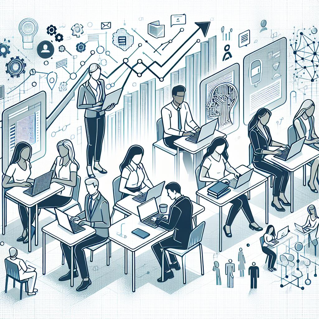A flat, corporate-style vector image with a white, textureless background. Depict a linear, 2D scene portraying the integration of technology in education. Draw students of different descents and genders engaging with their laptops, symbolizing modern learning methods in the digital era. Behind the students, place growth charts to symbolize an increase in sales for an education company. Also, include artificial intelligence icons which suggest the use of AI tools in learning. Overall, the image portrays the rise of technology in the educational sector.
