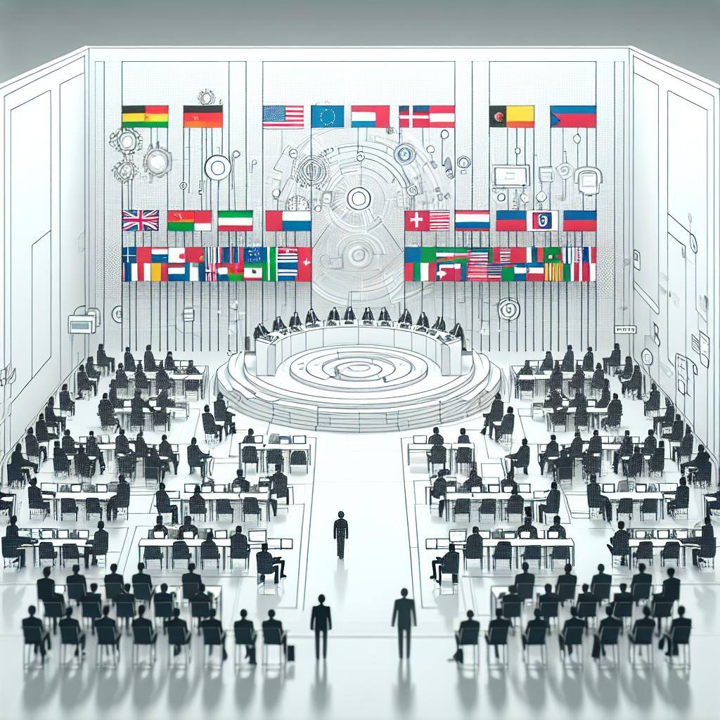 A 2D, linear perspective image in a modern, corporate style, inspired by Flat Design. The setting is an international Artificial Intelligence Summit set against a blank, untextured white background. A variety of country flags are subtly blended into the scene, symbolising participation from various countries. Central to the image, there are panels showing lively discussions regarding the regulation and innovation in AI technology. Commingle among the attendees are hints of futuristic technology, which embody the promising, and ever-evolving future of AI.