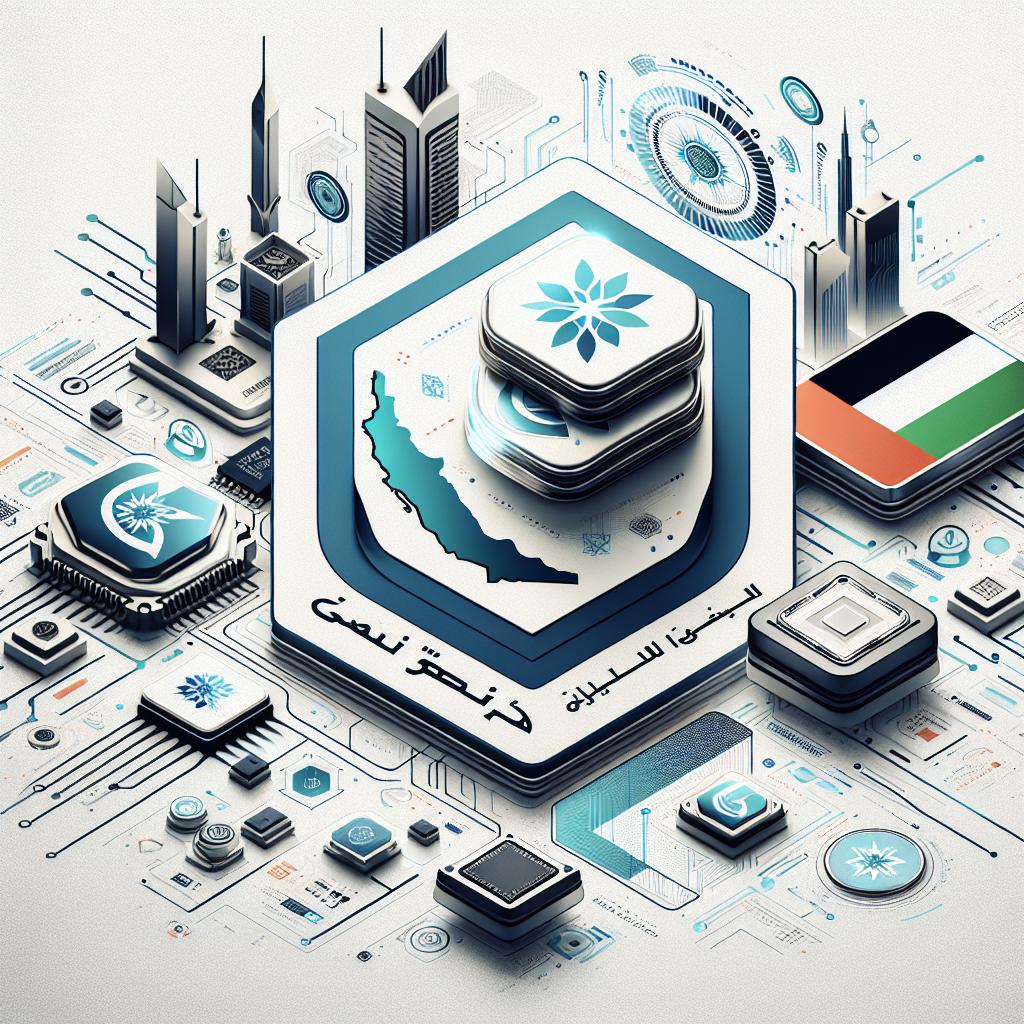Illustrate a corporate, flat, vector-styled 2D image that exhibits the collaboration between two key semiconductor companies involved in an ambitious chip manufacturing project in the United Arab Emirates, valued at over $100 billion, promising to boost investments in artificial intelligence in the region. The image is set against a white, textureless background. Instead of using the actual logos, depict two abstract emblems, each symbolizing a different semiconductor company. A map of the United Arab Emirates is included to indicate the location of the project. Lastly, include some technology graphics that symbolize the progression in the semiconductor sector.
