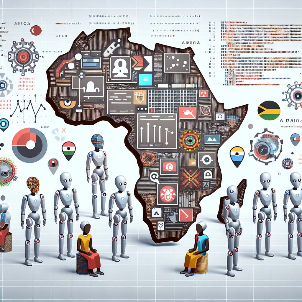 Create a 2D, linear perspective image in vectorial, flat and corporate style. The background of the image is white and without any textures. The main subject of the image is various artificial intelligence agents, symbolized as visual operators, collaborating to collect and organize African cultural data. Within the image, include a map of Africa to provide context and indicate the origin of the collected data. Surrounding the AI agents and the map, add elements of codes and algorithms to show the technology used in the process. Additionally, scatter icons representing different aspects of African culture throughout the composition to represent cultural diversity.