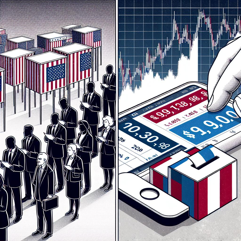 Create a 2D, linear perspective image with a white, textureless background, designed in a corporate, flat, vector style. The scene is a collage representing a crucial intersection of politics and finance. On one side depict individuals from different descents such as Caucasian, Hispanic, Black, Middle-Eastern and South Asian, both genders, standing in line to vote, symbolizing the Election Day. Include elements like ballot boxes, and carefully held voting slips. On the other side illustrate rising stock market charts, symbolizing potentially shifting investor sentiments influenced by political decisions.