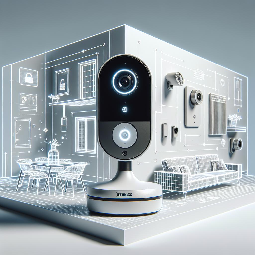 Generate a flat, corporate, vector-style image with a linear 2D perspective on a white, textureless background. The image should prominently feature the newly launched Ulticam security cameras by Xthings in a modern home setting to highlight their state-of-the-art design. These cameras utilize edge artificial intelligence for person and vehicle recognition. Place the Ulticam camera in the foreground to emphasize its design. Include in the scene visual security elements such as locks and alarms, to reinforce the theme of security. It is important to convey the notion that these cameras are set to be available for purchase in the US starting from the first half of 2025.