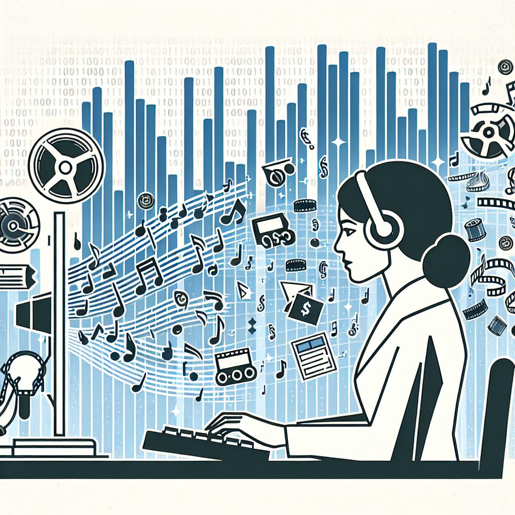 Create a 2D linear, corporate style image with elements of a flat vector design. The background should be white and textureless. The main scene depicts a Hispanic female content creator working diligently on a computer. Surrounding her are musical notes and rolls of film, symbolising the impacted sectors of music and audiovisual. Binary codes are subtly displayed in the background, illustrating the omnipresence of technology. Depicting financial impact, descending revenue charts are visible in the composition.