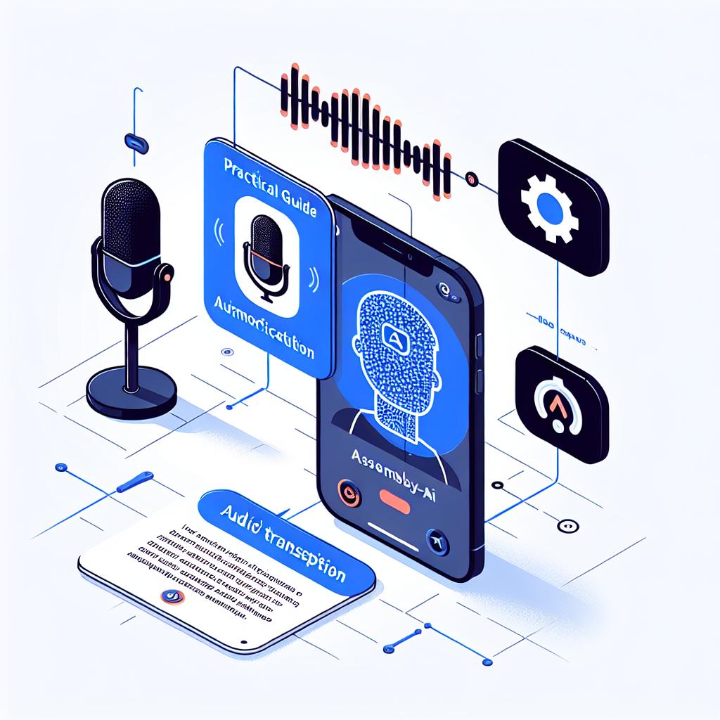 A practical guide illustration for developers who wish to integrate augmented reality into real-time audio and video applications using LiveKit platform and AssemblyAI's Speech-to-Text feature for instant audio transcriptions. The scenario includes an app screen displaying transcriptions, an audio microphone, and logos of LiveKit and AssemblyAI. The image style should be 2D, linear, vectorial, flat and corporate, on a white and texture-less background. Additional elements are the logos of LiveKit and AssemblyAI for identification, an icon of a microphone symbolizing audio capture, and transcribed text visualising the result of the Speech-to-Text feature.