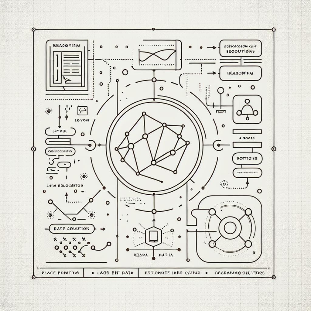 Create a 2D, linear, and corporate-style vector image against a white, texture-less backdrop. The visual should personify the 'less is more' concept in AI by showcasing a simplified large-scale language model (LLM) with various reasoning data surrounding it. Place emphasis on the LLM, symbolically depicted in the center. Include graphic elements that symbolize a small amount of data compared to a large amount. Connect these data points to complex solutions using lines to signify reasoning chains. Incorporate a soft color palette that conveys clarity and innovation.