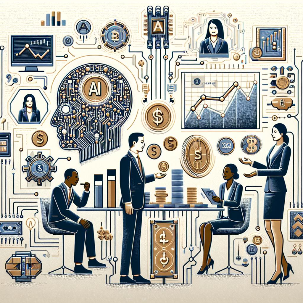 Create a 2D vector-style image with a flat and corporate look, set against a plain, white, texture-less backdrop. In the foreground, depict various 2D elements that encapsulate the concept of Artificial Intelligence's influence on asset management. These elements should include detailed graphics indicating the growth of assets managed with AI. Also, weave in design features like electronic circuits to represent the underpinning technology. Portray a few people engaged in a discussion - a Russian male banker, an African female data scientist, and an Asian female financial analyst - signifying collaboration in financial innovations. Moreover, include elements that signify money and technology to illustrate the finance-technology focus. However, avoid using real or explicit logos, brands, private companies, or particular individuals in the image. Instead, harness symbolism and representational graphics.