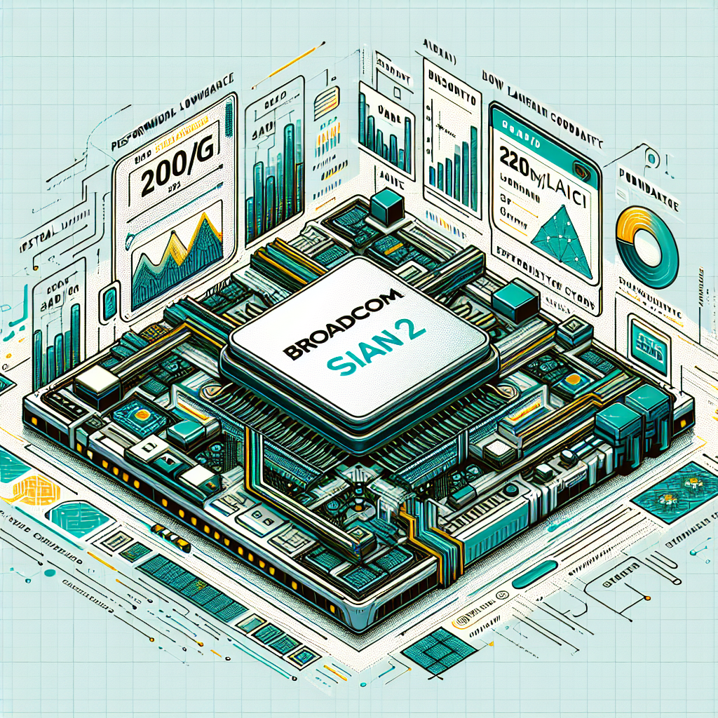 Generate a 2D, linear visual representation of Broadcom's new DSP Sian2, as a symbol of AI connectivity innovation. Picture a white, texture-less background overlaid with vector-style graphics bondering on corporate flat, showcasing a high-performance, low-latency optical connection for AI clusters, symbolized by AI icons. Highlight its exceptional speed of 200G/lane with performance charts that demonstrate its superiority over previous solutions. Utilize colors of blue and green to symbolize technology and innovation. Incorporate a background of circuitry to underscore the product's technological nature. Have the text 'Broadcom Sian2' prominently displayed to highlight the product's name.