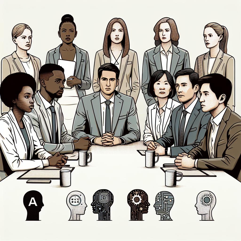 Display an image in 2D, linear, vector-style with corporate characteristics, with color compositions geared towards neutral hues, showcasing seriousness and professionalism. Depict a diverse group of scientists and leaders including a Caucasian former technology company executive, an Asian artificial intelligence company CEO, and a Black director of a safety center. They are deep in discussion around a table. Expressions of concern and engagement are evident on their faces. There are symbols of AI strewn across the room and a world map in the background, symbolizing the global nature of AI challenges. They are positioned against a white, textureless backdrop. The diversity of the faces emphasizes the importance of inclusivity in the discourse on AI.