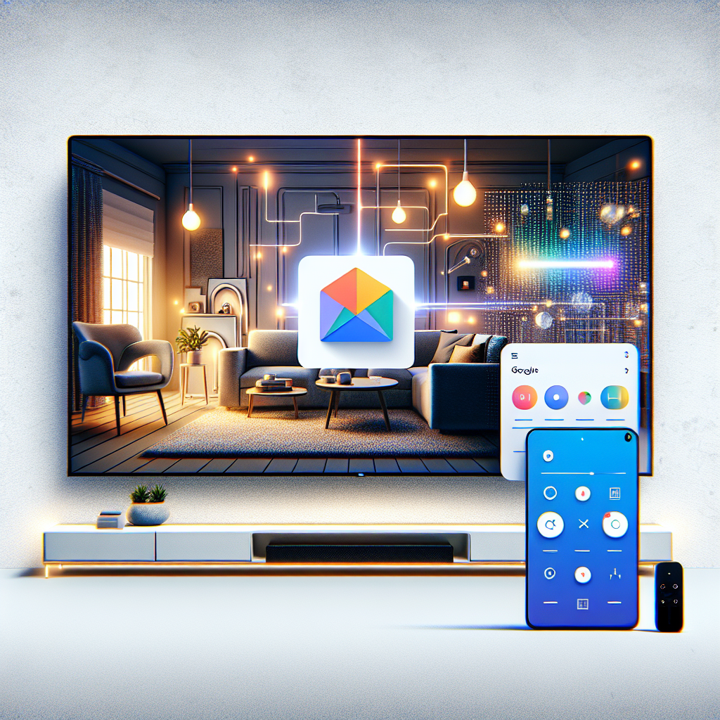 Create a 2D, flat corporate-style image with a linear perspective and a textured white background. The image should feature a modern television showcasing the new Google TV interface, complete with a smart device control panel on the display. Behind the TV, there should be a cozy living room setting, with lights manipulated through a mobile application. Part of the TV screen should be split to show an AI-generated screensaver with abstract art. The television symbolizes the new Google TV interface; the control panel represents the smart device control functionality; the cozy environment signifies the integration of technology at home; the AI-generated screensaver emphasizes customization and creativity; and the smart lights represent home automation.