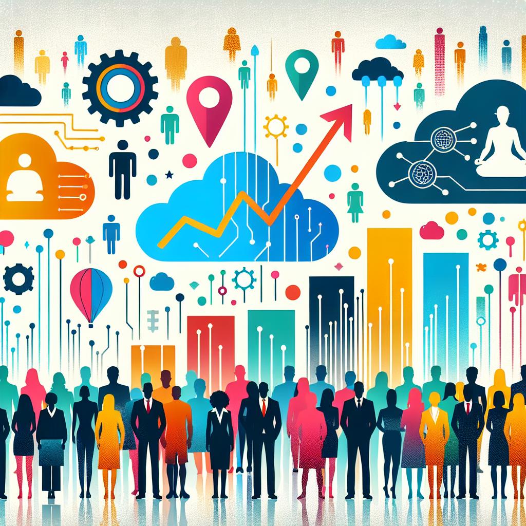 Create a 2D, vector-style, flat and corporate image on a white and textureless background. The image should visualize an anonymous technology company's investment of $3 billion in India to expand its cloud and artificial intelligence capabilities, and to develop the local workforce's skills in this highly competitive sector. Use vibrant colors to symbolize innovation and technology. Incorporate rising graphs to represent growth and success. Also, include silhouettes of a diverse set of people symbolizing the local workforce, with equal number of men and women from various descents such as Caucasian, Hispanic, Black, Middle-Eastern, and South Asian.