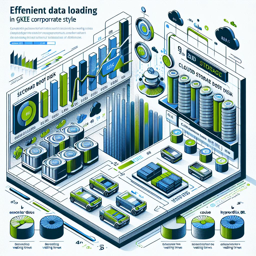 Imagine an efficient data loading in GKE corporate style vector illustration. It shows the comparison between the loading times of secondary boot disks, Cloud Storage Fuse, and Hyperdisk ML methods, underlining the reduction of waiting times. The white, textureless background has a 2D linear perspective. Additional elements include comparison charts to visualize the performance difference, cloud storage icons to symbolize the usage of Cloud Storage, images of disks representing secondary boot disks and Hyperdisk ML. The colors blue and green are used suggesting technology and innovation. A brief text summarizes the main points addressed in the article.