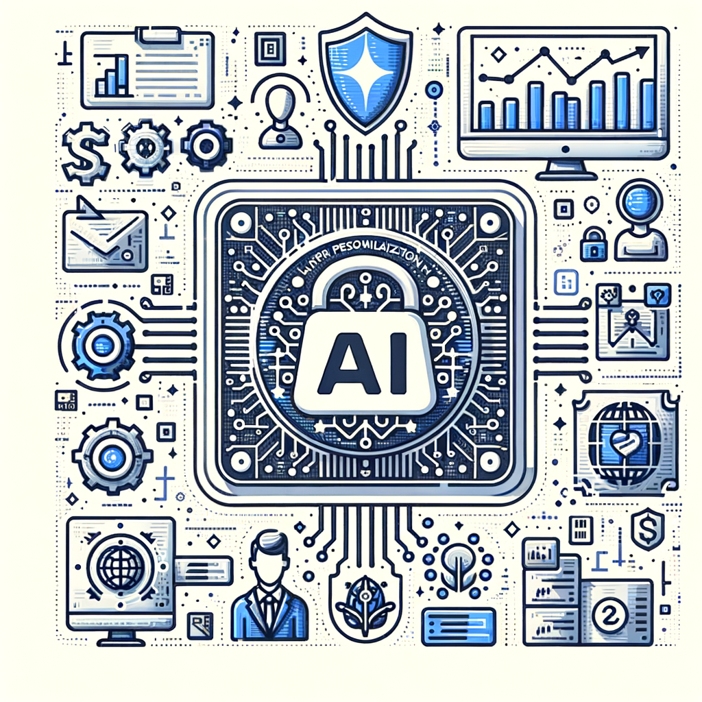 Generate a vector-style, flat, and corporate image in a 2D, linear perspective. The image has a white, texture-free background. It features the illustration of an artificial intelligence interface with logo integrations of two fictional tech companies. This scene should represent a collaboration that aims at improving the efficiency, personalization, and security of business operations in various fields, including sales, customer service, and IT. Also needed are icons symbolizing security and personalization to emphasize the key features of the tech integration. Add a background decorated with data graphics to represent the analysis and insights provided by AI.