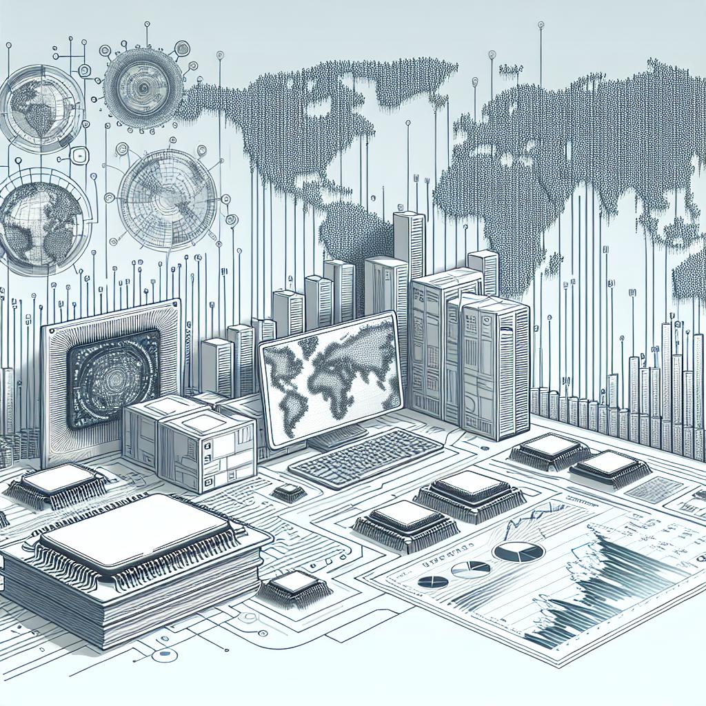 Create a 2D, linear perspective, flat, corporate-style image on a white, texture-less background. The central focus should be a variety of AI chips placed on a work desk, symbolizing the connection between technology and international trade. In the backdrop, embellish it with vector-style graphs and maps to further illustrate the global dynamics. The graphs serve as a representation of economic impacts and market analyses, while the maps emphasize the importance of trade between nations.