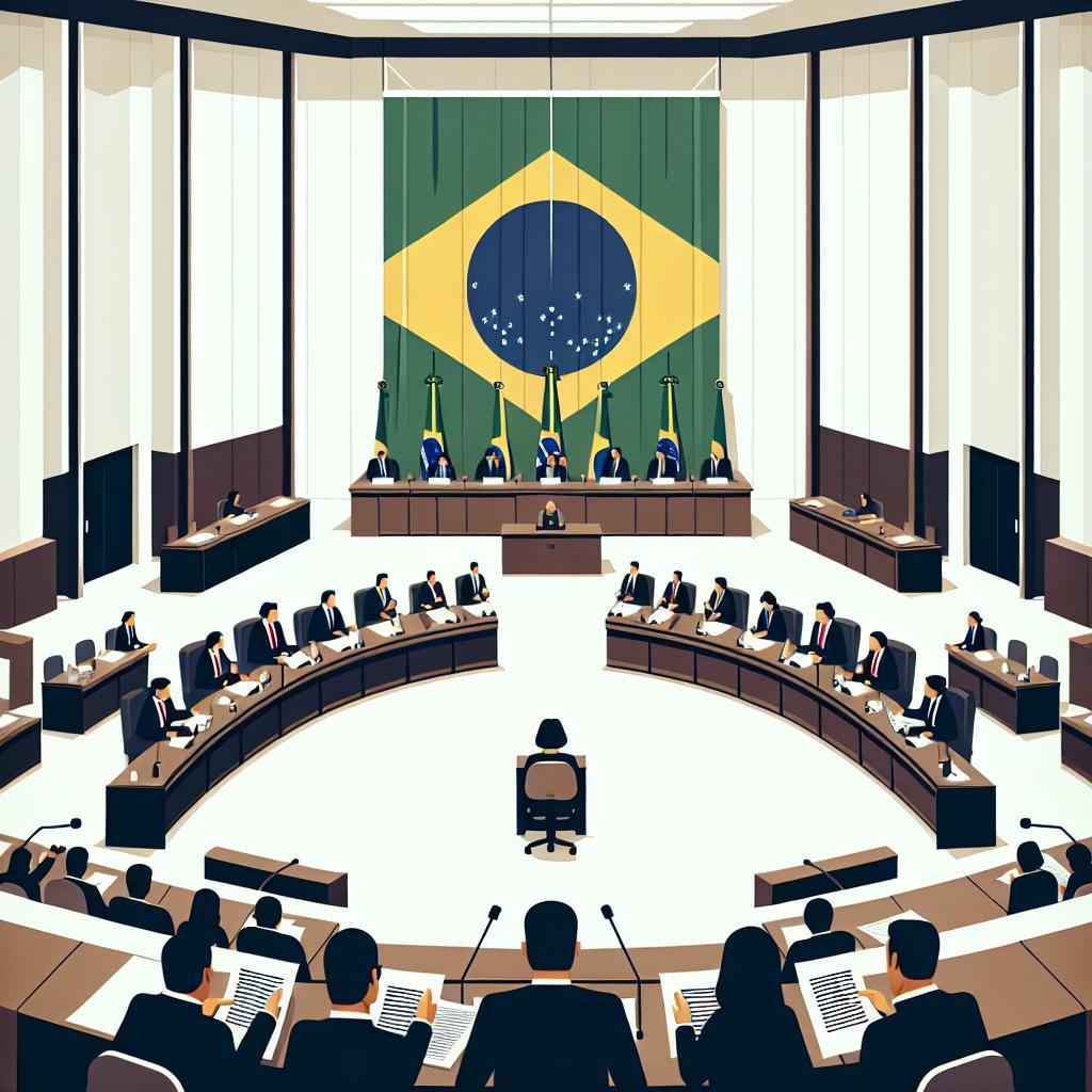 A simplified 2D, flat, corporate style vector image of a legislative session taking place in a senate chamber. The image focuses on the seriousness of the event, with anonymous political figures engaged in in-depth discussions. On the backdrop, the flag of Brazil is prominently displayed, symbolising the legislative context and national significance. All these elements are set against a white, textureless background. The scene depicts the important political decision-making process taking place in the formal, high-ceilinged chamber.