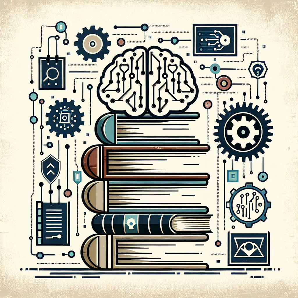 Create an image with a flat, corporate, vectorial style on a white, textureless background. Display a stack of books at the center of the image, symbolizing the core of the publishing industry. Overlay this with icons representing artificial intelligence, such as circuits and gears. These icons capture the emerging technologies impacting the publishing world. Maintain a 2D, linear perspective and use sober colors to convey the seriousness of the topic. The neutral background must focus attention on these primary elements - books and AI symbols.