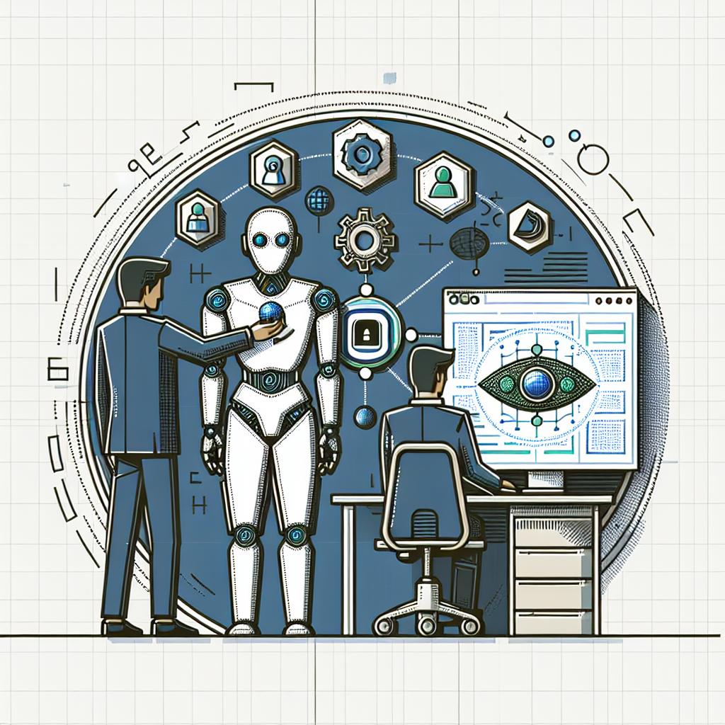 Create a detailed visual image in a 2D, linear perspective with a vector, flat, and corporate style. The setting is a non-texture white background. The main subject is an advanced computational agent, known as the Operator model from an AI company, interacting with a computer interface. Note the importance of security in technology, symbolizing it through safety emblems. Illustrate the interactivity of the model using graphic interfaces. Use shades of blue and green, implying innovation and security.