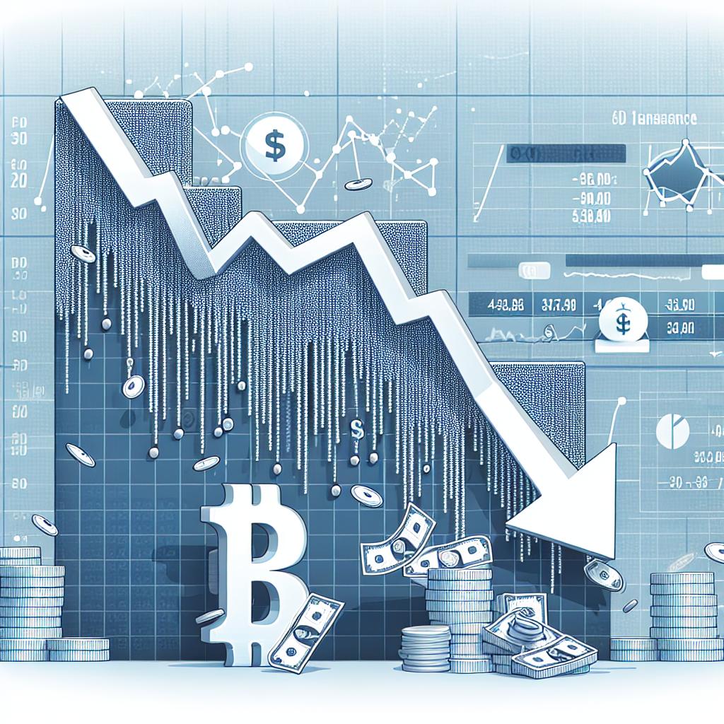 Create a flat, 2D vector corporate-style image with a white, textureless background. The image should illustrate the drop in C3.ai's stock in the financial market. This should be represented with falling graphs and numbers to signify the volatility and fluctuation of the stocks. There should also be symbols of money to symbolize the financial impact of the situation. Additionally, incorporate stacks of data to represent the performance analysis of the stocks. To visually illustrate the stock drop, include arrows pointing downwards.