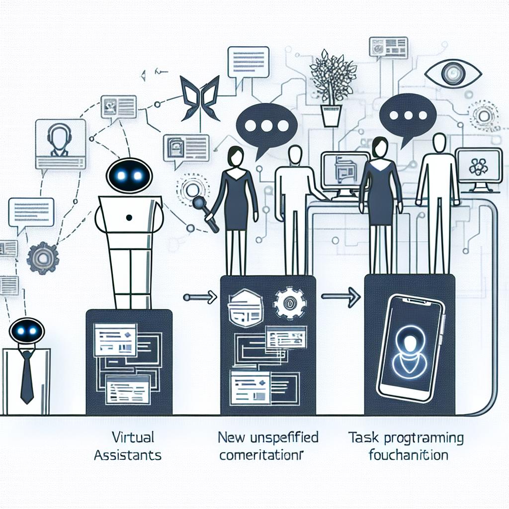 Create an image showcasing the evolution of virtual assistants in a clean, flat, corporate, 2D, linear style. The image has a texture-less white background and features symbolic representations of three differing unspecified virtual assistants to denote competition in the market. Also incorporate elements of a digital environment to symbolize the pervasive presence of technology in daily life. Show users interacting with these assistants, emphasizing focus on the user experience. Importantly, one of the virtual assistants should highlight a new task programming functionality, indicating technological advancements in the sector.
