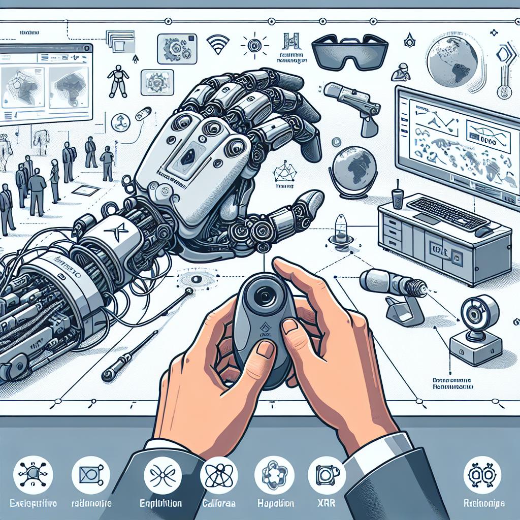 Create a 2D, linear perspective, flat vector style image set in a corporate style. The image takes place on a texture-free white background. The focus of the image is a hand-exoskeleton created by the fictional technology startup, Haptikos, which has bases in both California and Greece, being used in an extended reality (XR) environment. Capture the moment of human and digital interaction within the XR scene. Include in the image additional elements such as a logo representing the Haptikos brand, an XR training scenario to demonstrate the application of the technology, and icons related to various technologies to underscore the element of innovation.