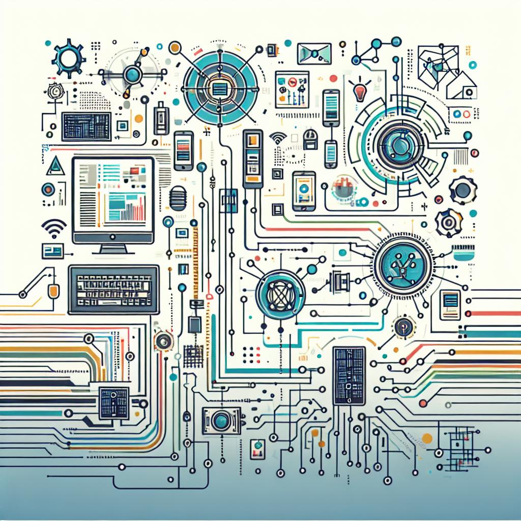 Create a 2D, linear, vector-style corporate image, utilizing a flat design. The background should be plain white and without texture. The image should visually represent the merger between two technology companies. Include elements such as circuit sequences and an assortment of connected devices to symbolize the integration of artificial intelligence into the products produced by the company. Additionally, incorporate futuristic colors to convey modernity and technological advancement.