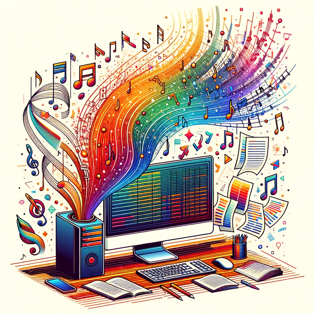 Create an image that is a flat and corporate vector style illustration in a 2D, linear perspective on a white, untextured background. In the center, there's a computer displaying vibrant data graphics, signifying the analysis and processing of large volumes of data. Streaming from the computer are vivid torrent of colored data lines, symbolizing the ability to handle long input sequences. Scattered around the computer are musical notes and pages of text, indicating the model's application in music and language. To the side of the computer, there's a high-resolution image being formed, representing the creation of high-quality images. Finally, include a symbol that signifies a credible, artificial intelligence development organization, without infringing on any copyrights.