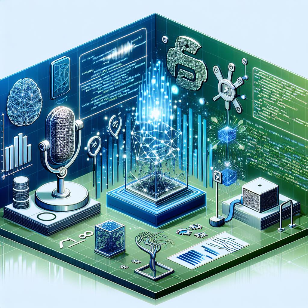 In a futuristic year of 2025, Python Speech Recognition displays a plethora of solutions, ranging from open-source libraries to cloud services, enabling developers to select the option that best suits their needs, focusing on factors like cost-effectiveness, accuracy, and implementation ease. The 2D, linear perspective image should portray a future-oriented environment with illustrations of code and neural networks, symbolizing the maturation of speech recognition technology. Elements like stylized microphones, signifying devices that utilise speech recognition, and data charts, illustrating the analysis and effectiveness of recognition, accompanied by sound waves can be added to emphasize the theme. The style is corporate, vector, and flat, with gradient shades of blue and green suggesting innovation and technology, all over a white, untextured background. Additional coding symbols reflect the technical foundation of the solutions, and a digital background hints at a modern technological ambience.