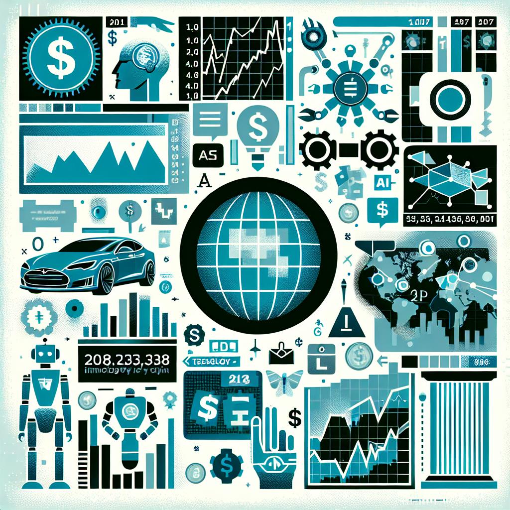 Create a 2D, flat, corporate-style vector image on a whit, textureless background. The image is a visual representation of major economic and technological events of the week. Please focus on technology and economy by including elements such as stock charts to represent the financial impact and technology icons to symbolize AI innovations. Use shades of blue and green, associated with finance and technology. Include depictions of robots to emphasize Tesla's innovation. Finally, incorporate graphics symbolizing monetary policy to hint at the Federal Reserve's operations. 