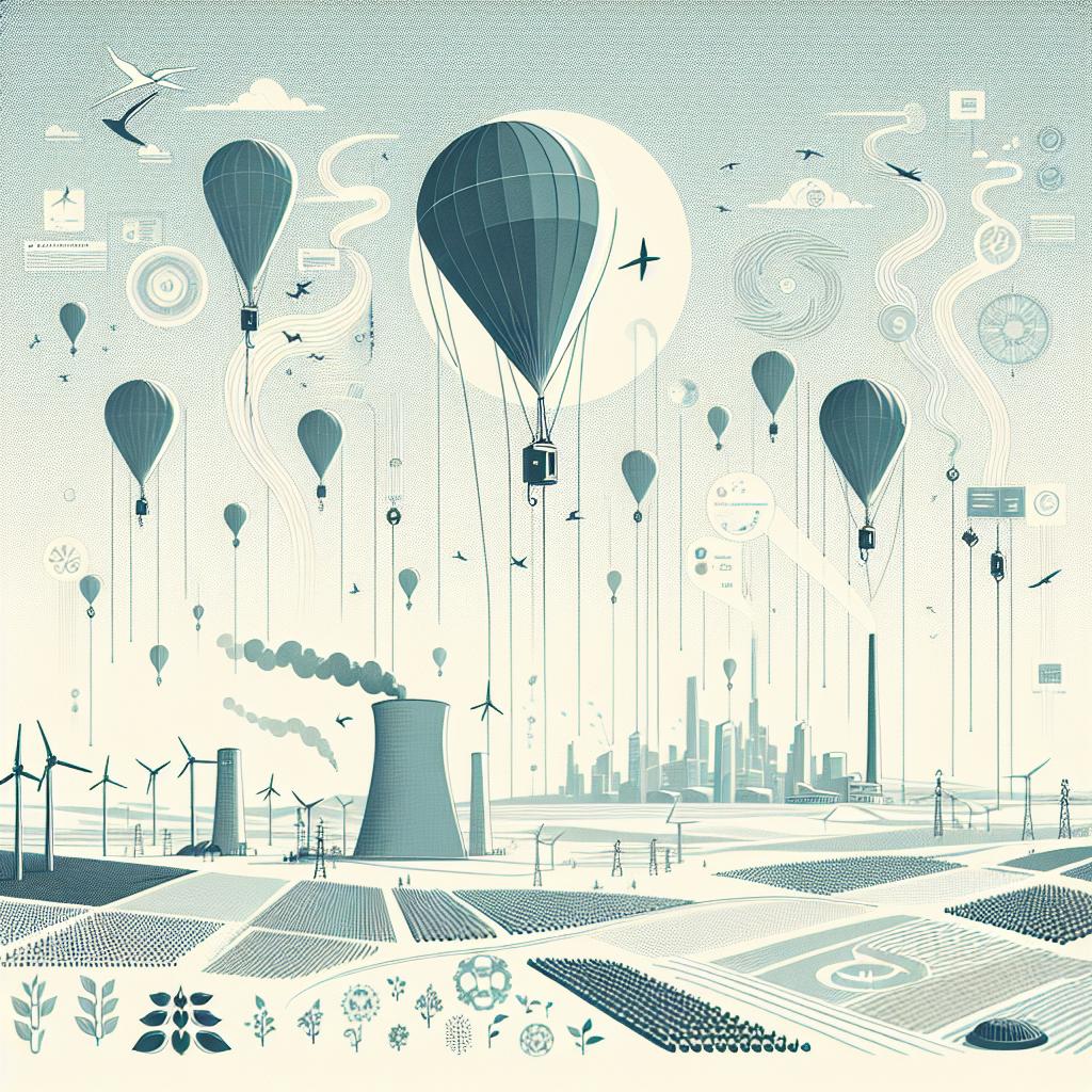 Imagine an image from the year 2024, where the technology to combat climate change has significantly advanced. Show this in a 2D, linear perspective, using a corporate-style, flat vector design. The image has a white, textureless background. On this background, depict kite-like structures soaring in the sky, symbolising innovative clean-energy production. The kites are linked with cables to ground-based systems, indicating they are electric power generators. Also, depict advanced carbon capture systems, highlighted by swirling streams of CO2 being drawn down into machines or structures. Add elements that represent sustainable agricultural practices, like thriving green plants. Fill the image with a calming blue sky to represent a hopeful, cleaner future. Include visualized data related to energy production and consumption, showing the positive impact of these technologies.