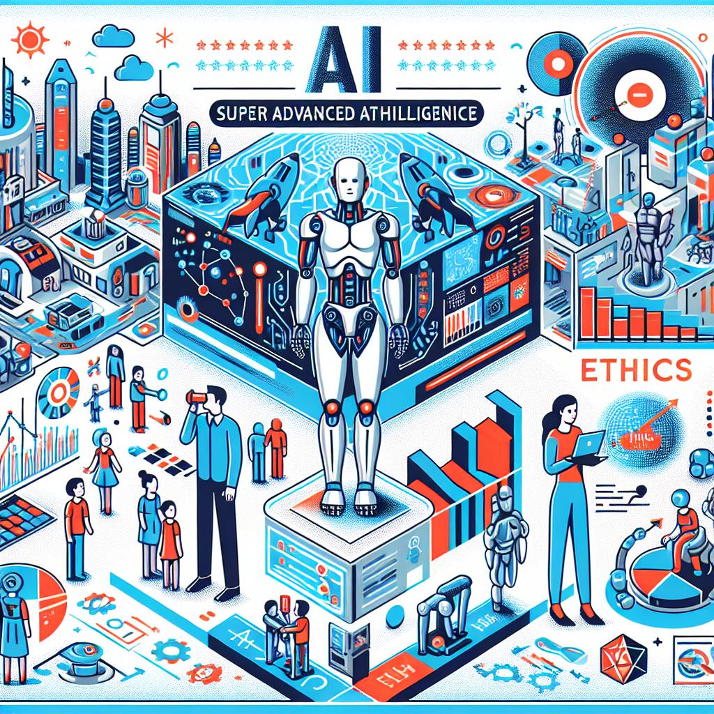 A graphic representation of the interaction between super advanced artificial intelligence and society, showing humanoid robots and humans, of varied descents and genders, working together in a futuristic environment. The style is vector-based, flat, and corporate, on a texture-less white background. The perspective is 2D and linear. The additional elements include: human-like robots - an advanced AI representation working alongside humans, futuristic scenery - a visualization of a technologically advanced and interconnected world, ethics symbols - icons to hint at the need for ethical debate, graphs - data showing the impact of AI on the economy, and bright colors to convey innovation and optimism towards the future.