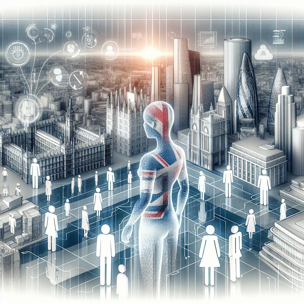 Create an image in a 2D, linear perspective, presented in a corporate vector style with a clean, white, and untextured background. The focal point is a futuristic vision of the United Kingdom, brimming with technology and innovation. Feature adept humanoid robots and diverse humans of different descents and genders, representing agentive Artificial Intelligence, collaborating in a work environment. This collaboration is denoted by chic, modern buildings illustrating the UK's advanced infrastructure, a futuristic sky symbolizing innovation and fresh horizons, and floating data along with charts to showcase the influence of AI on businesses.