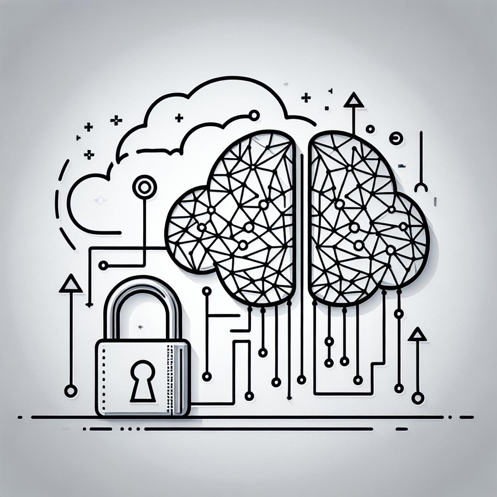 Create a vector-style, sleek corporate image in a 2D, linear perspective representing Cohere's secure AI model. The image is set against a white, texture-free background. Key elements include: a padlock, signifying security and protection; a digital brain, symbolizing artificial intelligence; cloud data, illustrating the secure transfer of information; and upward-pointing arrows, indicating growth and innovation.