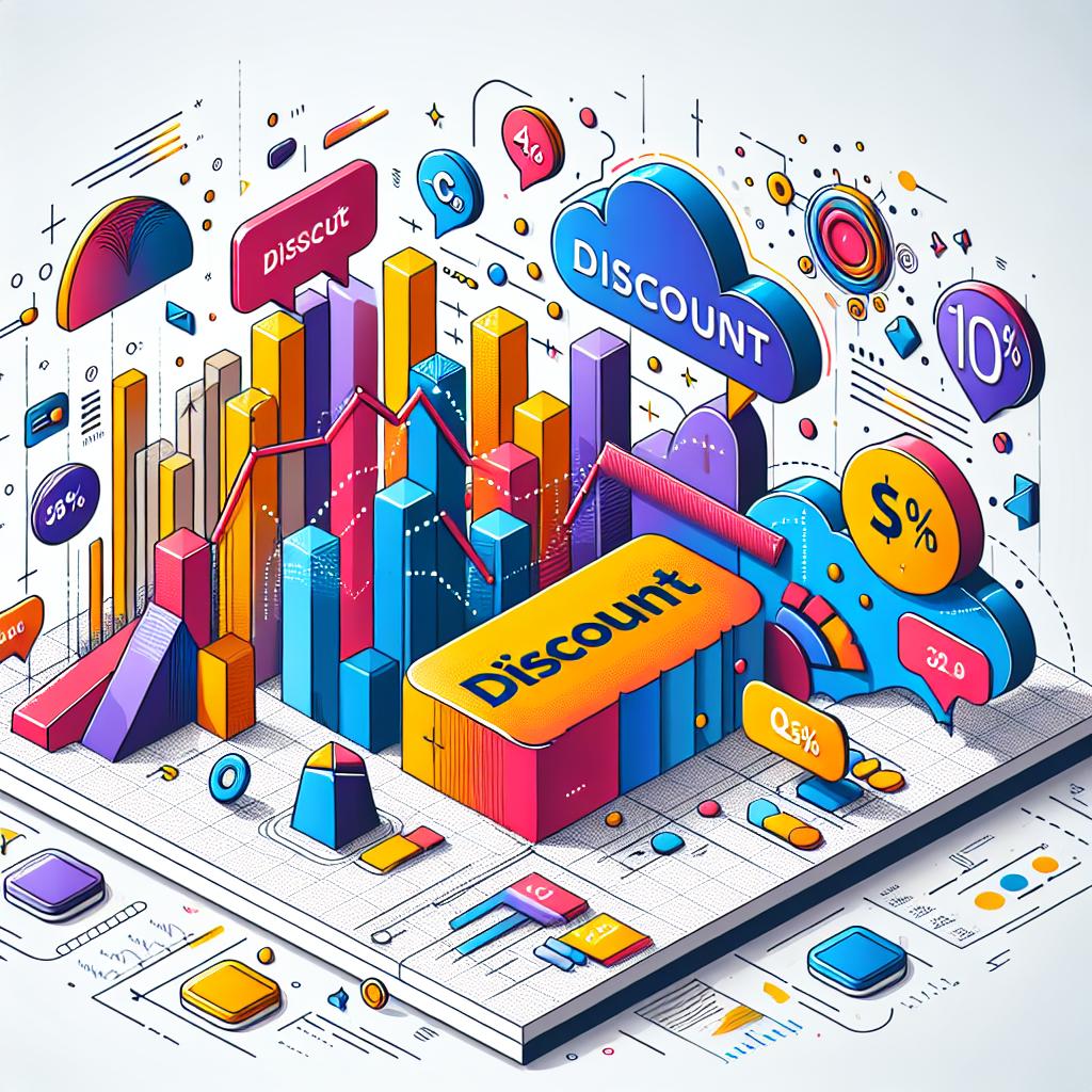 Create a 2D, linear perspective image in a vectorial, flat and corporate style. The image should depict a significant price reduction in a Conversational AI technology firm, announced on February 11, 2025, where the call rates now start at 10 cents per minute, providing a discount of around 50% on Starter, Creator, and Pro plans. Use a color palette with vibrant colors to represent innovation and attract attention. The primary focus of the image should be the word 'Discount', which should be highlighted prominently. Additional elements to include are a graph representing the significant drop in prices and a background symbolizing technology and innovation set against a white and texture-less backdrop.