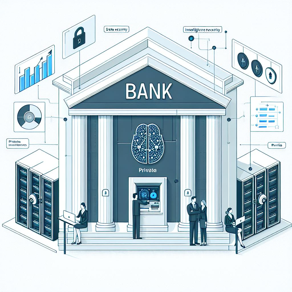Create a vectorial, flat, corporate-style image on a plain white canvas. Show a modern bank with private servers, signifying data security and control. Add a visual representation of an intelligent ATM Machine and Artificial Intelligence (AI) performance charts to spotlight innovation in the financial sector. The perspective should be 2D, with linear design. Incorporate additional elements such as performance charts demonstrating the efficiency of implemented AI solutions, an open vault symbolizing data safety, employees from various descents and both genders analyzing data showing strategic use of AI, and servers with padlocks to suggest the security of private implementations.