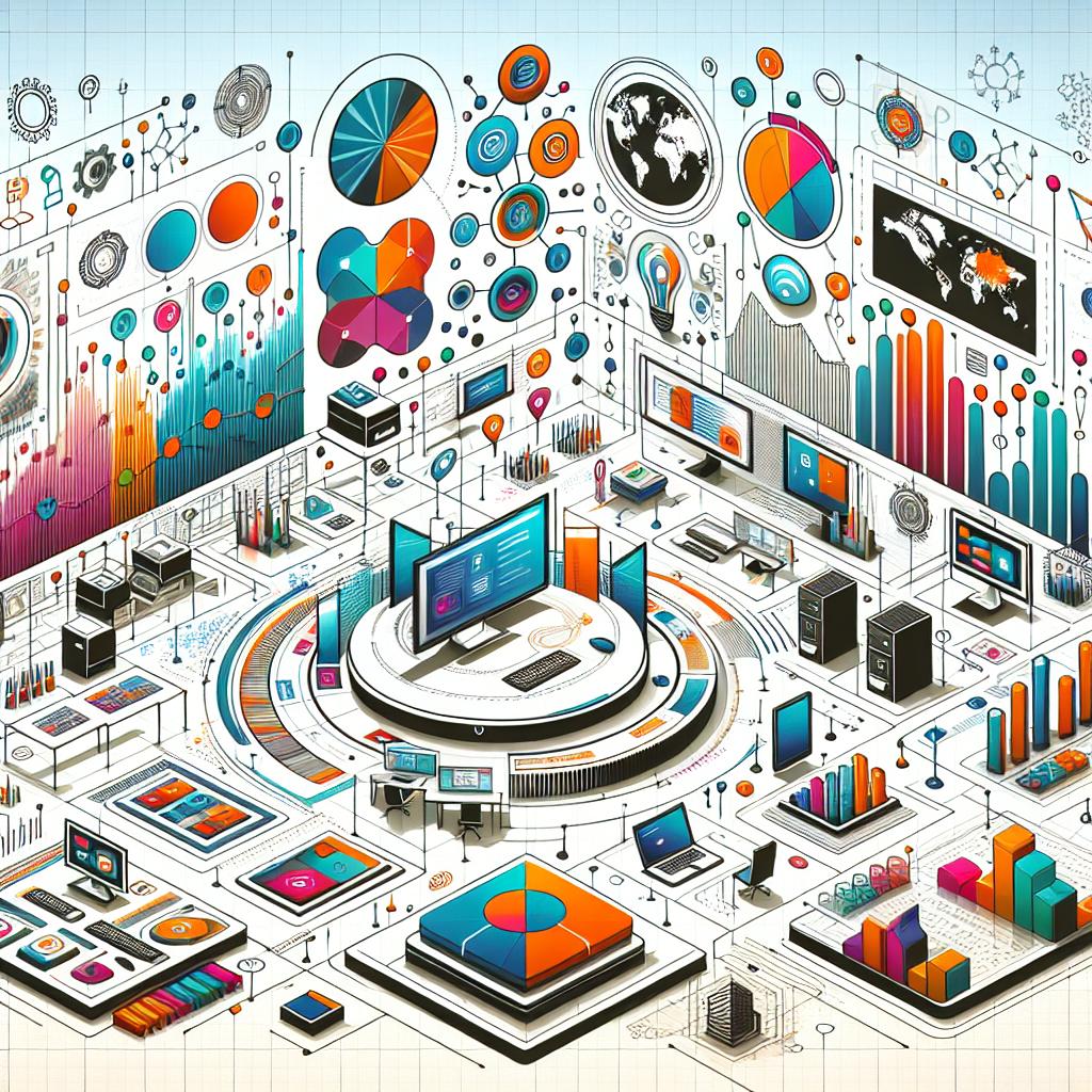 Visualize a modern digital workspace environment in a flat, corporate-style illustration, rendered in 2D linear perspective. This digital landscape should be set against a plain white, texture-less background. The landscape boasts vibrantly colored elements that highlight innovation: social media icons symbolizing interaction and collaboration, computer monitors and mobile devices representing the digital realm, and search result graphs indicating enhanced functionality. To underscore the global operation of the hypothetical workspace platform, incorporate world maps. This stylish image serves as the backdrop to symbolize the integration of various collaborative tools aimed at optimizing efficiency and relevance in information retrieval within workspaces.