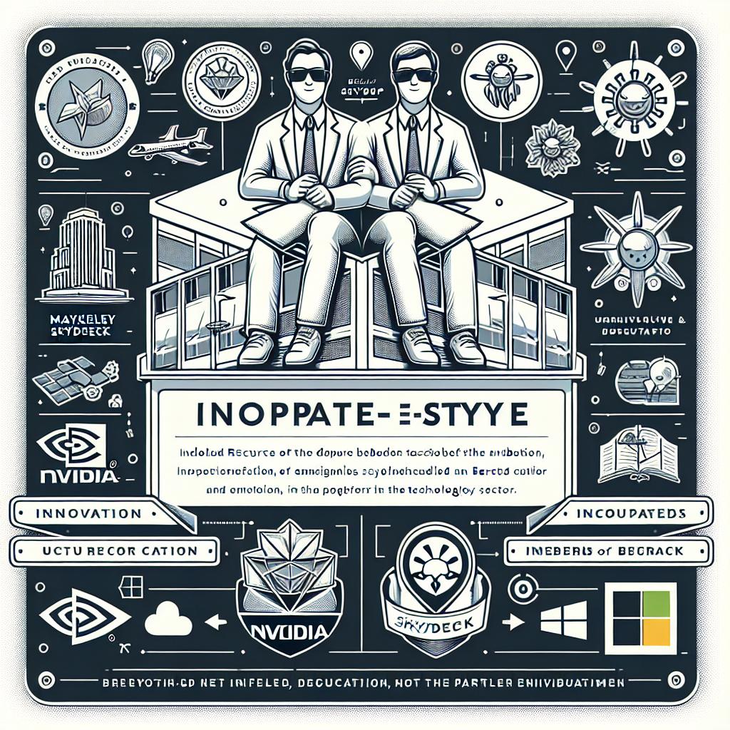 Create a corporate-style vector image on a flat, textureless white background. The image should be in a 2D perspective and depict an innovation and education unity in the technology sector, represented by two characters symbolizing the directors of Berkeley SkyDeck. Incorporate emblems denoting reference to Berkeley SkyDeck, as an emblem of an incubator. Also, include insignia or visuals, not logos, symbolizing the Mayfield, Nvidia, and Microsoft organizations, as they are the key partners of the program. A modern technology driven ambiance should accompany all elements to highlight the startup environment.