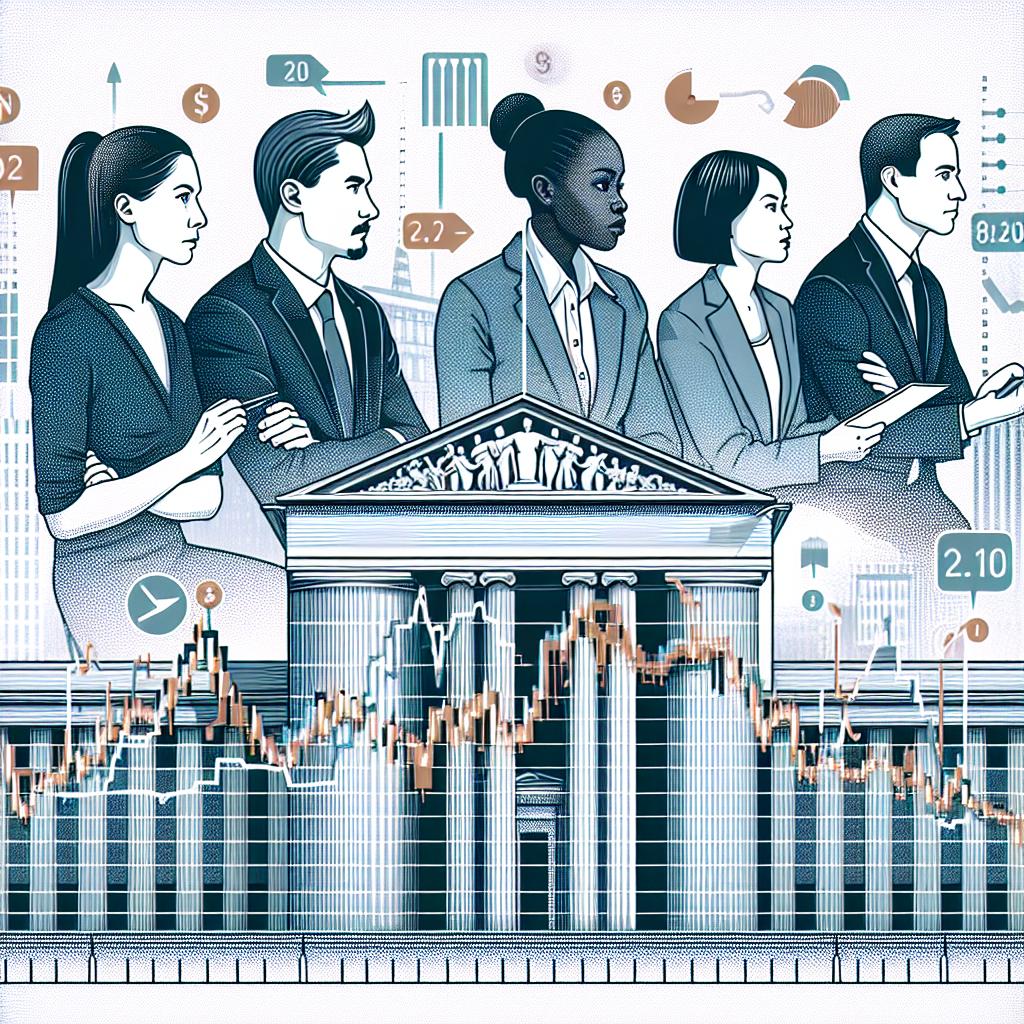 Portray a 2D and linear image with a corporate, flat, and vectorial style set against a plain and textureless white background. Depict a diverse group of investors, with a Caucasian woman, an Asian man, and a Black woman, all attentive and analyzing financial charts, symbolizing market vigilance. Incorporate a financial chart indicating volatility and the investor's expectations about interest rates. Also, include symbols of interest rates that impact the market. Add the image of a generic central bank building to reference the key institution responsible for setting interest rates. Though the viewers should feel a sense of uncertainty and anticipation about the future direction of interest rates.