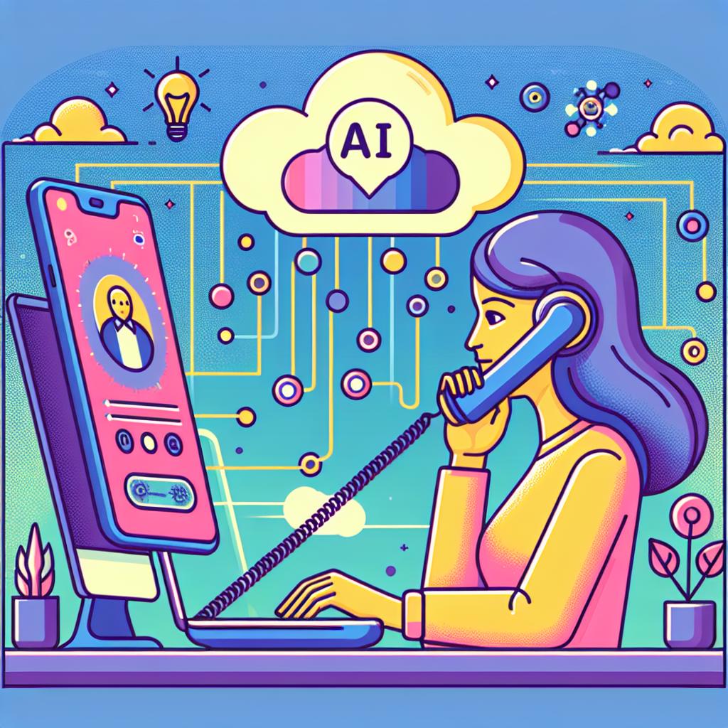 Illustrate a flat, vector-style, corporate-like image depicting a user interacting with AI through a phone call. The user can be shown as a South Asian female, engaged in a phone call. The 2D, linear perspective should highlight a traditional phone as a symbol of communication, now integrated with artificial intelligence. In the background, depict a cloud of data signifying AI integration and real-time processing. Additional technology graphics should emphasize the modernity and innovation of the process. Please use vibrant colors to attract attention and symbolize innovation. All of this should be elegantly set against a background with no texture. 