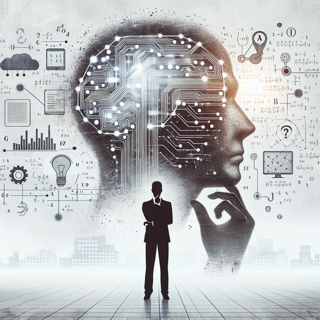 Create a 2D, linear perspective, corporate-themed image in a flat, vectorial style, set against a white, textureless background. The image portrays an artistic representation of a thinking machine merging elements of circuits and mathematical questions, symbolizing advanced artificial intelligence. The circuits illustrate the tech foundation of AI, while the math problems symbolize the model's problem-solving capability. In the backdrop, highlight a digital landscape filled with technology icons, depicting the contemporary AI environment.