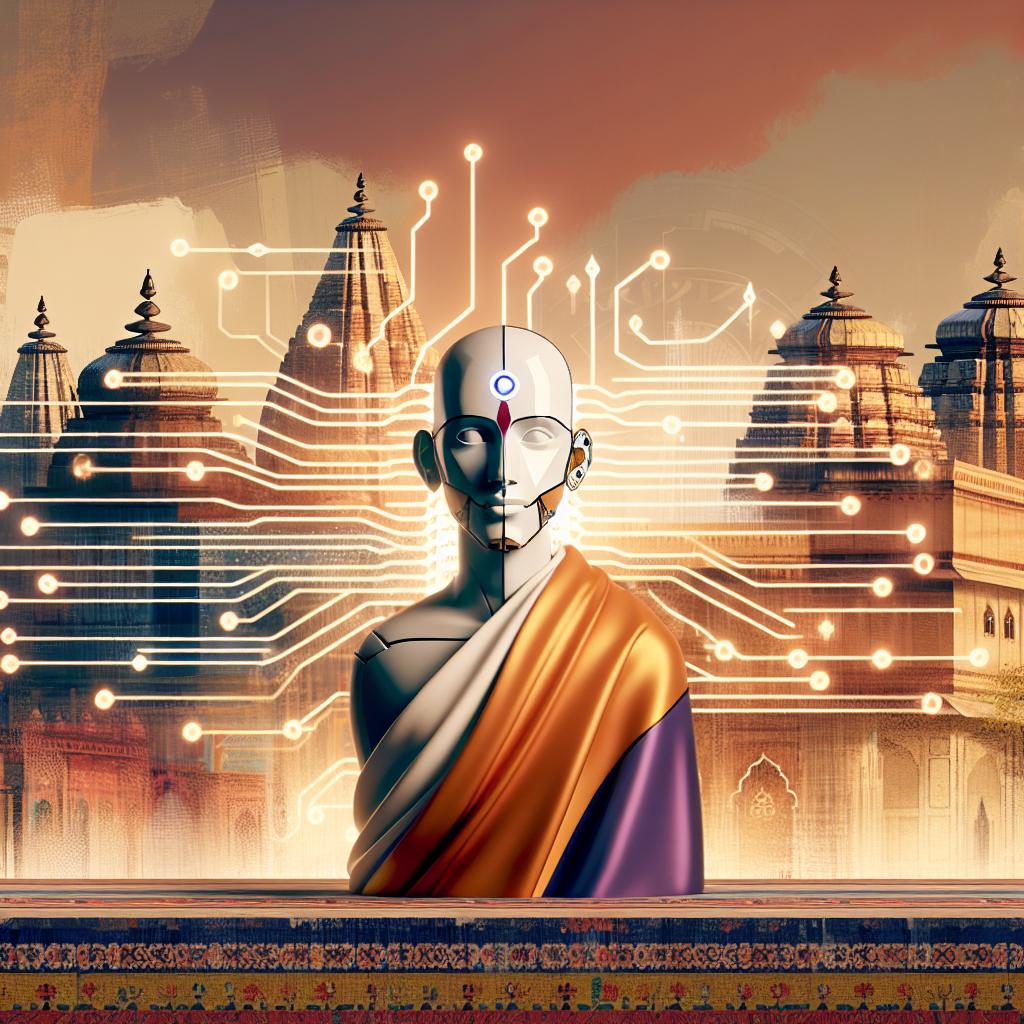 Depict a 2D, vectorial, flat and corporate styled image on a white and textureless background. In the image, there is an AI-generated character dressed in traditional Hindu attire, symbolizing the link between the past and the future. This character is set in a cinematic environment reflecting the rich cultural heritage of India. The backdrop displays typical Indian architectural elements, like temples and palaces. Integrated subtly into the environment are representations of circuits and electronic components symbolizing AI. The image uses a vibrant warm color palette reflecting the vibrant culture of India with shades like gold, red, and blue. There is also a soft light spotlight on the character in the foreground, symbolizing clarity and innovation.