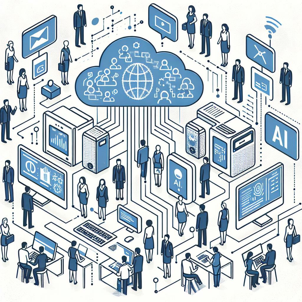 Create a 2D, linear perspective, and corporate-style vector illustration on a white, texture-less background. The image represents the collaboration between technology and government agencies. It includes people of different descents and genders, interacting with artificial intelligence through computers and digital devices, symbolizing efficiency and access to public services. The machines represent digitalization. In the illustration, include a cloud which symbolizes integration with Microsoft Azure, and AI icons to emphasize the use of advanced technology.