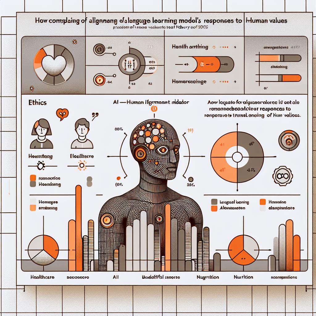 An illustration in a linear 2D perspective styled in a simple, minimalistic and neat approach. The main focus is the AI-Human Alignment Indicator presented by a researcher back in February of 2025. The purpose of this indicator is to monitor the compliance of Language Learning Models' responses to human values. The composition features a series of charts showcasing the evolution of alignment between different types of AI and human values in various areas, emphasizing on the most impacted sectors like healthcare and nutrition. The charts highlight a disturbing trend in the decrease in the quest for beneficial responses by these AIs. Accentuate decreased alignment of values with warm colours signifying critical areas and incorporate ethics-themed icons symbolizing the importance of ethical alignment. Ground the image with a white, untextured background.