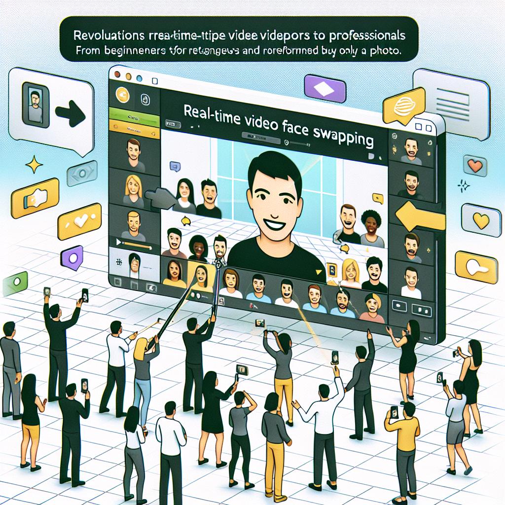 A 2D, linear perspective image featuring an open-source tool named Deep Live Cam in action. The tool revolutionizes real-time video face swapping, from beginners to professionals, with a simple and fast task performed by only a photo. The interface of the software displays usability and accessibility, showing faces being swapped in a live video. The scene exhibits interaction among users, easily recognizable faces highlighting the technology's effect. The style is vetorial, flat, and corporate against a white, textureless background. The users appear to have fun, indicating the tool's social and interactive potential. A colorful background, perhaps through screen clarity or brightness, is used to communicate the innovation and modernity of the technology. Sharing icons are present, emphasizing application and engagement on social media, indicating a mix of professional and fun aspects of the application.