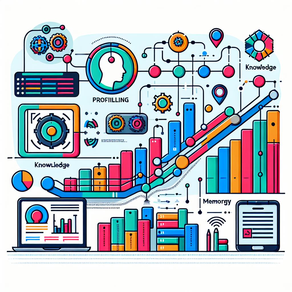 Create a 2D vector style image with a corporate flat look. The background should be white and texture-free. The primary focus of the image is an interactive chart that illustrates the interconnection between profiling, knowledge, and memory in artificial intelligence systems. Use vibrant colors to underline the dynamic action of intelligent agents. Include technology icons representing the application of AI in various sectors. Accompany this with explanatory text that provides a concise explanation of the impact of profiling on workflow. Maintain a linear perspective throughout.