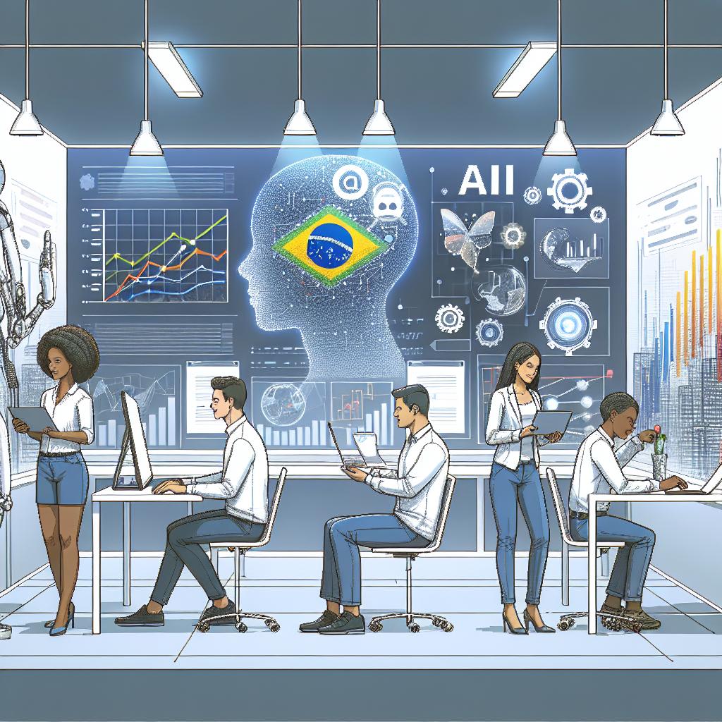 Title: Brazil Heading Towards AI Innovation

The image portrays the pursuit of innovation in Brazil. We see technology professionals of diverse gender and descents, such as a Hispanic woman, a Black man, and a Middle-Eastern person, working collaboratively in a modern workspace. In the background, there are illustrations of data charts and graphics about artificial intelligence, symbolizing the expected increase in AI investments. This scene conveys a corporative atmosphere with a white, featureless background, unveiling a vision of innovation and development. The entire composition is rendered in a 2D, linear perspective with a flat, vectorial style reflecting modern digital elements.