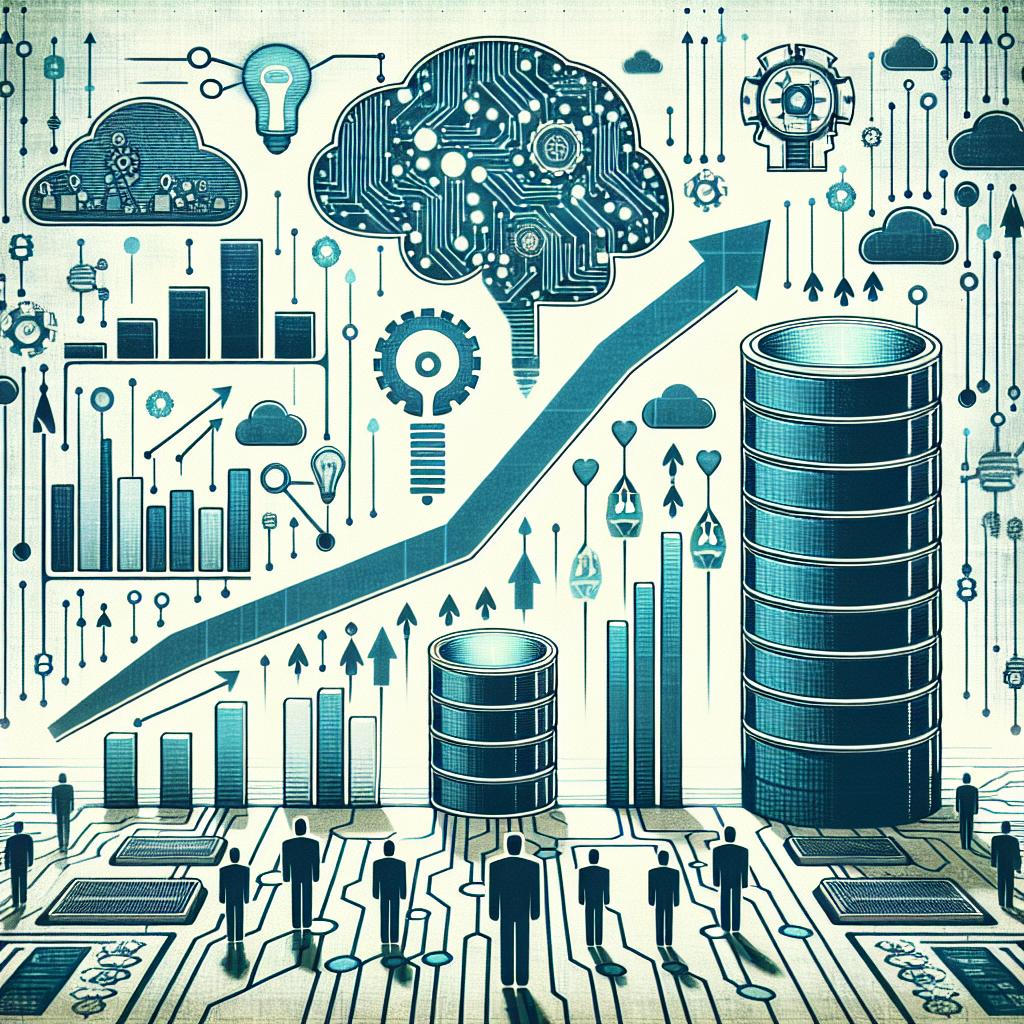 Create a 2D, flat, vector-based, corporate style image on a white, textureless background. The scene should depict a digital montage that represents the interface of a database. Include symbols of artificial intelligence such as a schematic brain or circuit. Also, include graphical representations of growth like upward arrows and bar graphs rising. Include visual elements like database icons to symbolize the new technology in databases. Use colors blue and green throughout the image to symbolize technology and innovation. The image should seek to illustrate advancements and continuous evolution in cloud technology.