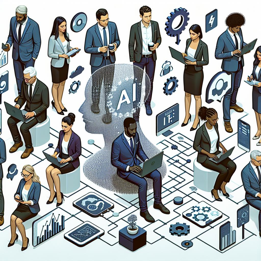 Generate a 2D, flat, vector-style image that represents the integration of artificial intelligence in business environments. Set on a texture-less, white background, the image showcases employees of various areas utilizing technology together. Include people of different descents, such as a Middle-Eastern marketing manager and a Caucasian IT specialist, portraying a gender-balanced scene with a Black female data scientist and a Hispanic male HR executive. Fill the scene with sober colors to convey seriousness and professional vibes. Scatter technological icons around to symbolize innovation. Depict a collaborative setting to suggest the democratic use of AI. To demonstrate the future potential of AI, include rising growth charts.
