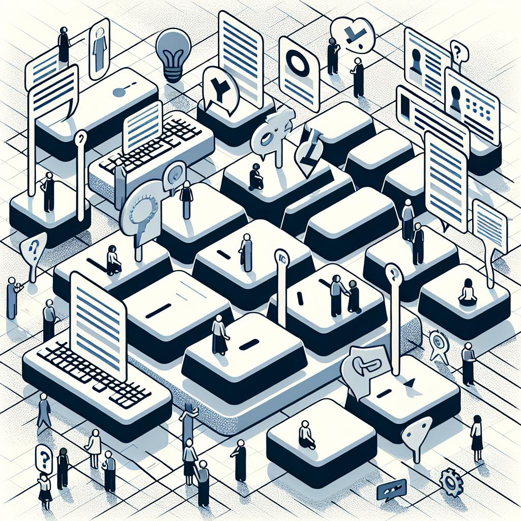 An illustrative image in a vectorial, flat, corporate style that represents the moderation of online content. The image holds a white, texture-less background and is presented in a 2D linear perspective. Key elements include keyboards, resting in various sizes and floating around in the image, symbolizing the creation of content and the necessity of moderation. Also included are numerous, multi-ethnic, balanced gender, and differently aged users involved in discussions symbolizing social interaction, collaboration, and fact-checking. Information icons, possibly in the forms of question marks, check marks, or light bulbs, are scattered throughout the scene, illuminating the struggle against disinformation and illustrating the pursuit of truth and accuracy in the digital era.