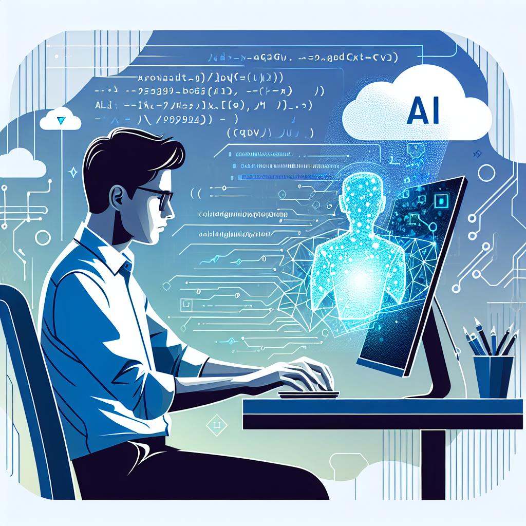 Create a modern, corporate-style, 2D vector illustration which is flat, linear and set on a plain white background. Depict a software developer of South Asian descent engrossed in work, sitting at a desk. The deskspace should be filled with a glowing AI interface screen, bringing an element of technology and innovation to the scene. With this, include encodings, and dynamic charts or graphs emerging from the screen, painting a picture of an advanced software development environment. A pop of blue in the backdrop, subtly blended with the white, could be used to represent innovation.