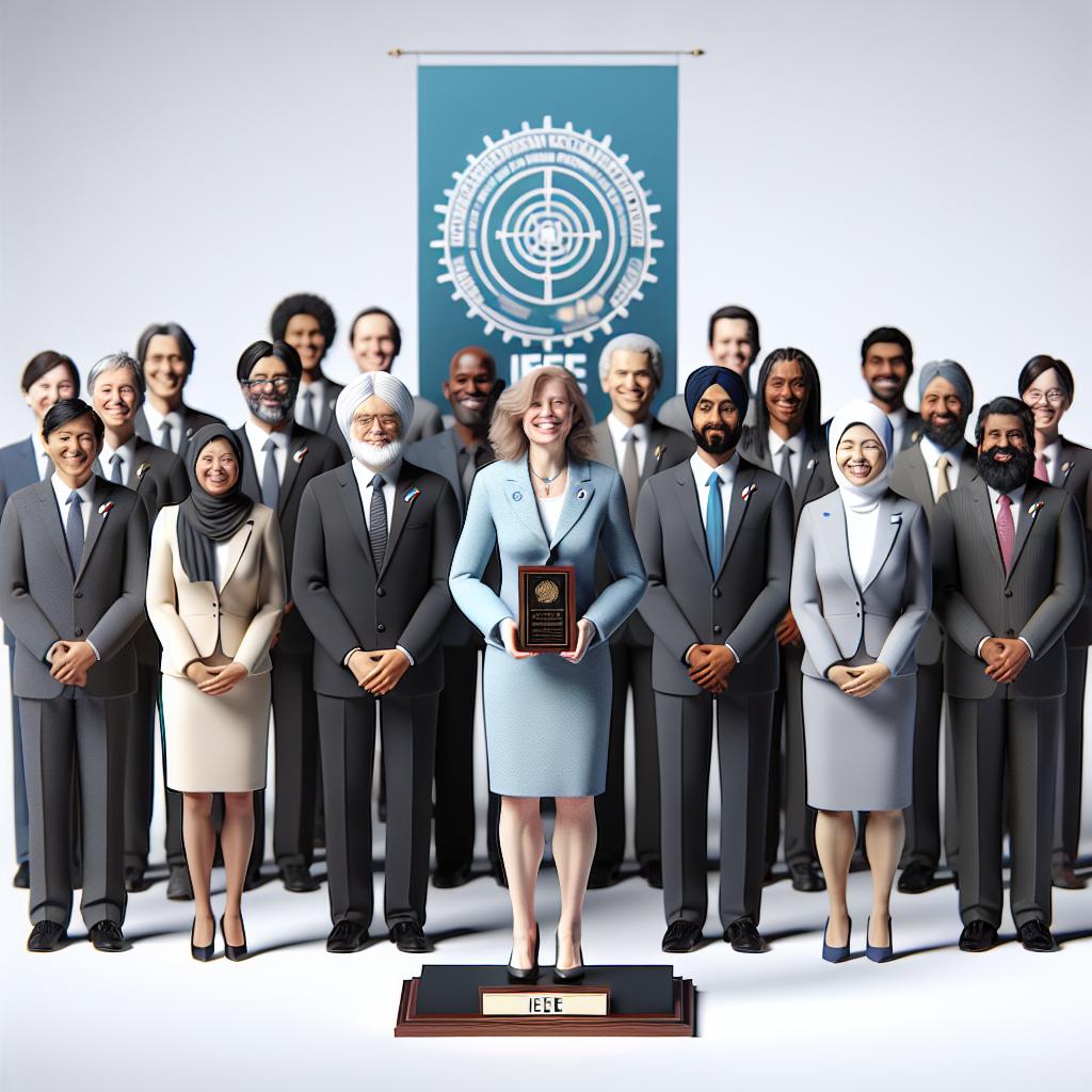 Visualize a corporate-style 2D vector image set in a formal and respectable ceremony atmosphere. At the center stage, a middle-aged Caucasian woman, all smiles, stands surrounded by diverse members of the IEEE including South-Asian men, Hispanic women, Black men, and Middle-Eastern women, symbolizing international collaboration. The woman is holding an award that signifies the importance of innovation and security in technology. This scene represents the launch of a new IEEE standard in September 2024, designed to enhance the security of biomedical devices and health data. The image background is plain white and textureless.